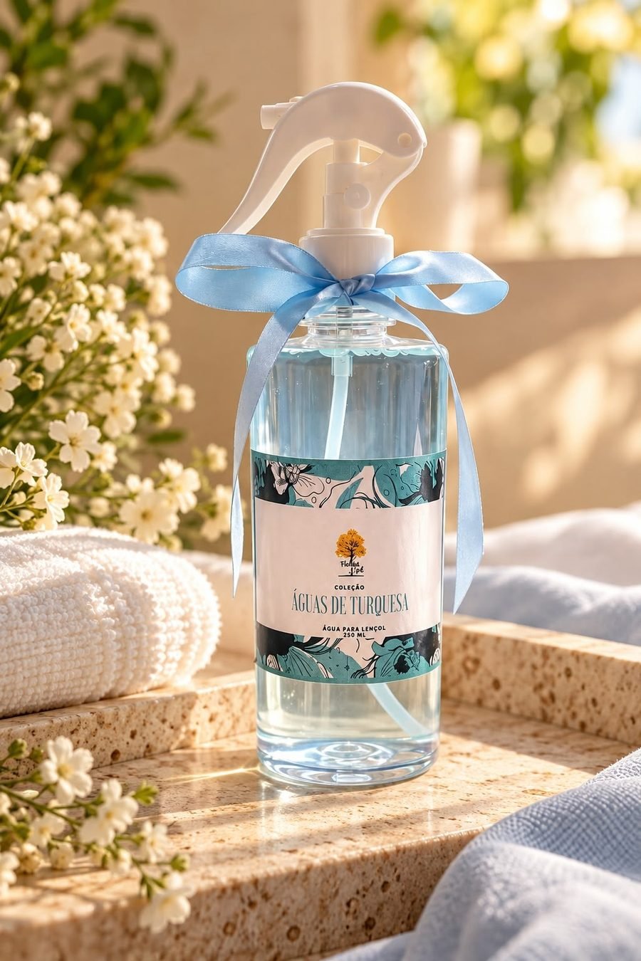 Água para lençol da coleção Águas de Turquesa em frasco spray com laço azul, ao lado de toalhas e flores brancas