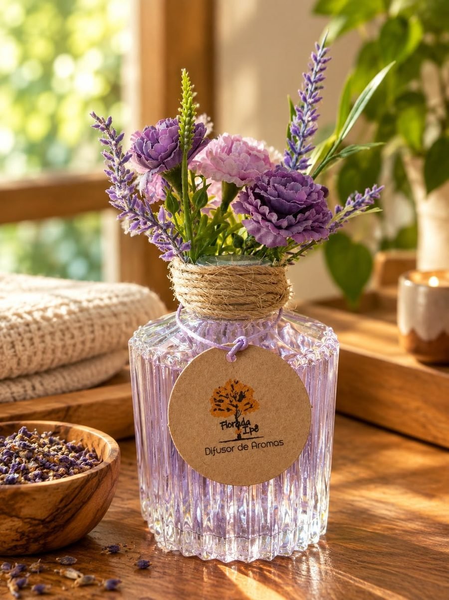 Difusor de aromas em frasco de vidro lilás trabalhado, com arranjo de flores roxas e lavanda, gargalo com sisal e etiqueta kraft da marca
